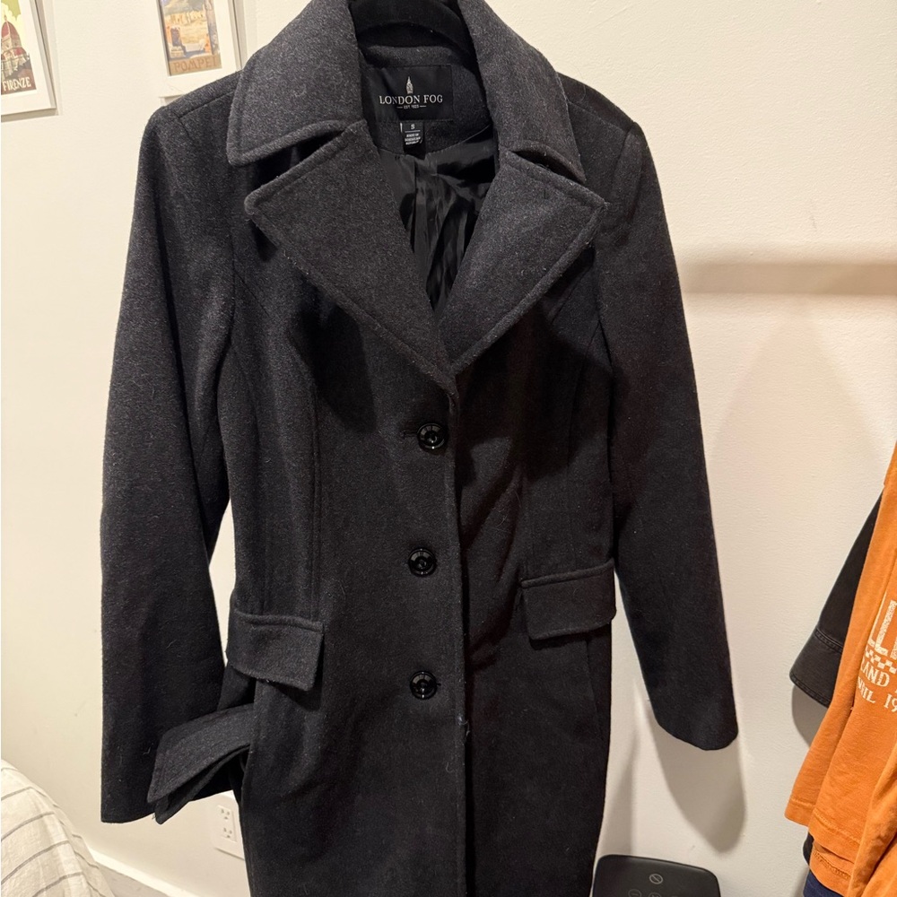 London Fog Black Pea Coat Wool-Blend